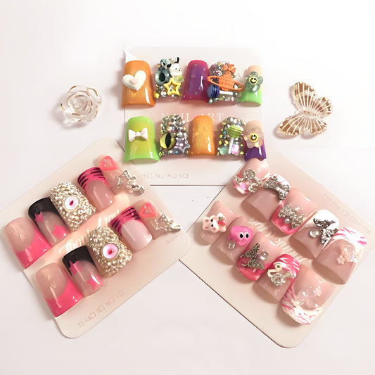 3-piece set, 10 nail tips  set Cute and colorful wearable press-on nails Shiny decorations on fingertips exude a youthful vibe