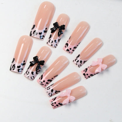 24 nail tips Leopard print meets bow nail stickers: sweet and cool fusion, fashionable and popular