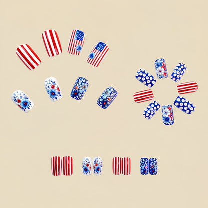24pcs/set Short Medium square ballet fake nails tip for American Independence Day blue red flowers star flag press on false nail