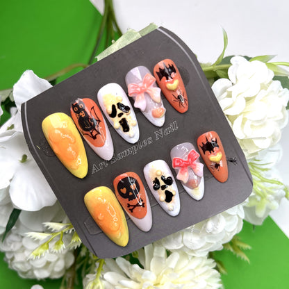 Halloween Skull Bat Bow Themed Wearable Nails | Festive Spooky-Sweet Nail Art