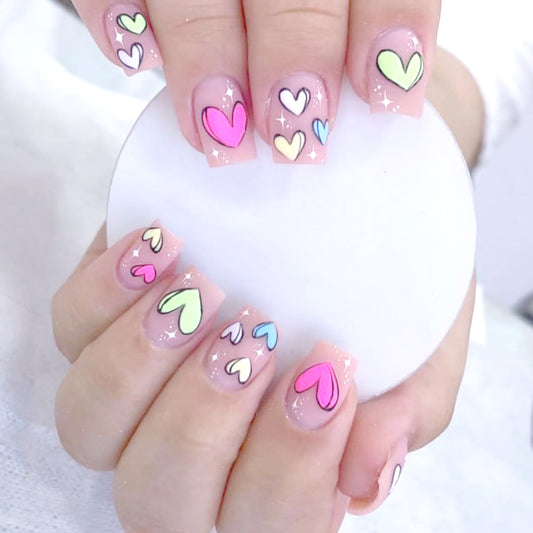 24pcs Fake Nails Short Square Valentine's Day Wearing Armor with Rainbow Heart Design French Press on Nail Faux Fingernails