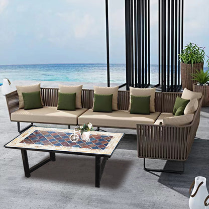 Art Collage Mosaic Stone Long Coffee Table | An Outdoor Exquisite Tea Table | Patio Furniture Barbecue Table Coffee Table | Wrought Iron Table Frame with Black Paint Finish.