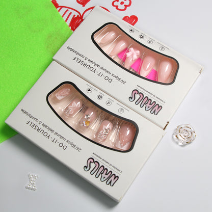 2-piece Set 24 Nail Tips Fashionable Press-on Nails Kit Reusable Fake Nails for Personalized Nail Art Decoration