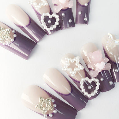 24 pcs Precious pieces Purple - pink gradient nail stickers, adorned with pearls, stars and bows, encounter a fairy tale on your fingertips.