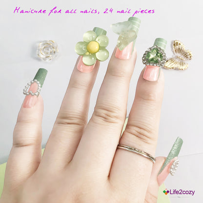 24 nail tips Artistic nail stickers: Spring elves meet pink and green, full of romance