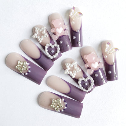 24 pcs Precious pieces Purple - pink gradient nail stickers, adorned with pearls, stars and bows, encounter a fairy tale on your fingertips.