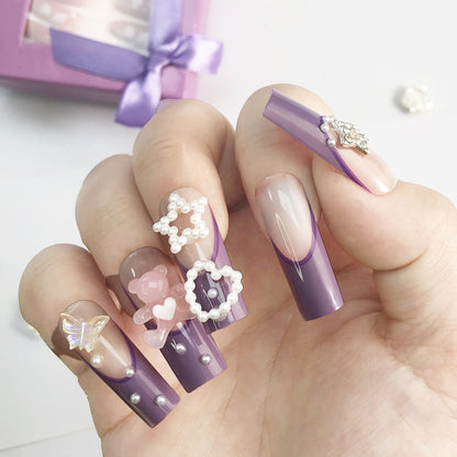 24 pcs Precious pieces Purple - pink gradient nail stickers, adorned with pearls, stars and bows, encounter a fairy tale on your fingertips.