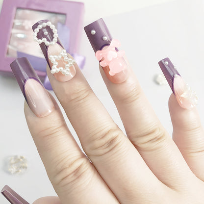 24 pcs Precious pieces Purple - pink gradient nail stickers, adorned with pearls, stars and bows, encounter a fairy tale on your fingertips.