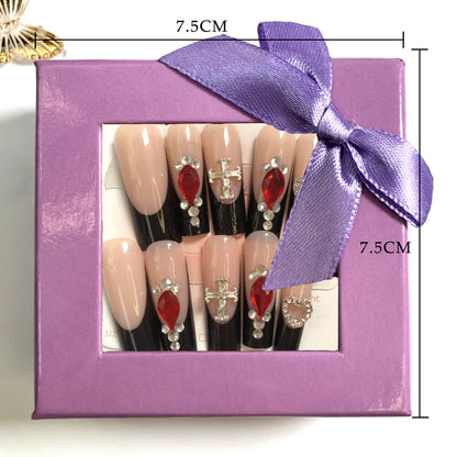 3-piece set, 36 nail tips  set of elegant and luxurious wearable press-on nails in nude with stunning black, red and decorative accents
