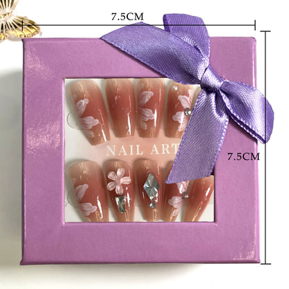 3-Piece Set 36 Nail Tips Set | Gradient Fantasy Nude Pink Press-On Nails | Flower Pearl Metal Decoration