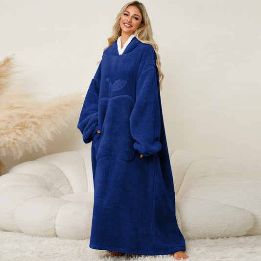 Women's Long Sleeve Hooded Coral Velvet Lazy Pajama Coat, Thick Warm Flannel Long Home Dress.