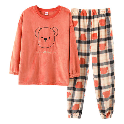 Women's cute bear winter pajamas set, kawaii cartoon style, long-sleeved flannel warm and comfortable women's bear cartoon pajamas