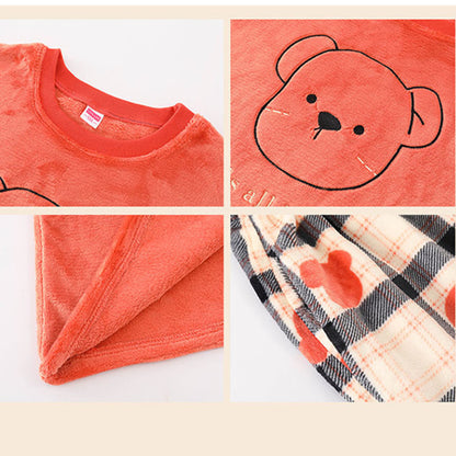 Women's cute bear winter pajamas set, kawaii cartoon style, long-sleeved flannel warm and comfortable women's bear cartoon pajamas