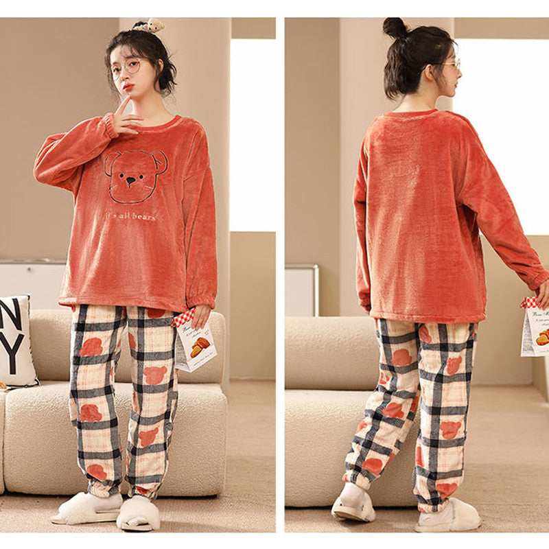 Women's cute bear winter pajamas set, kawaii cartoon style, long-sleeved flannel warm and comfortable women's bear cartoon pajamas