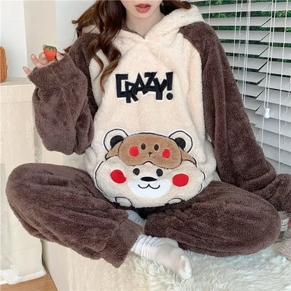 Flannel winter home wear girls' pajamas set thickened cartoon cute and cute pajamas warm skin-friendly coral velvet cute women's home wear set