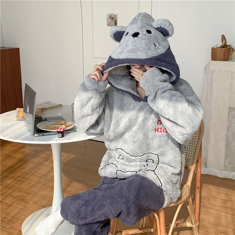 Flannel winter home wear girls' pajamas set thickened cartoon cute and cute pajamas warm skin-friendly coral velvet cute women's home wear set