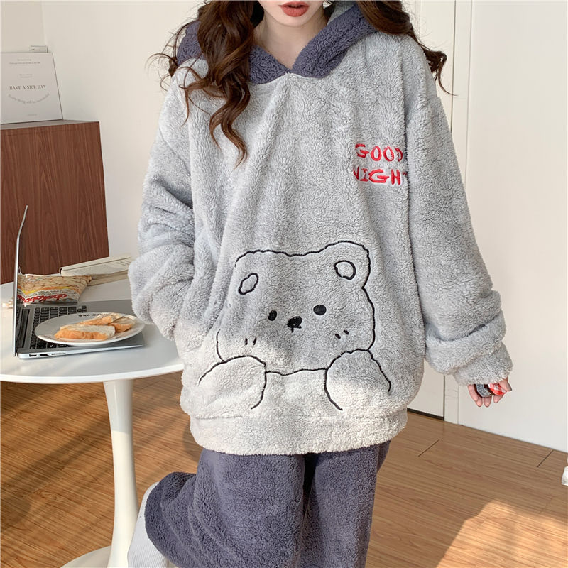 Flannel winter home wear girls' pajamas set thickened cartoon cute and cute pajamas warm skin-friendly coral velvet cute women's home wear set