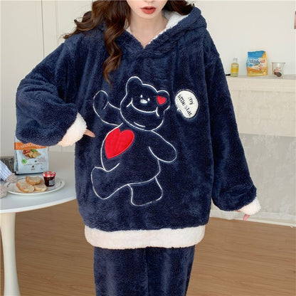 Flannel winter home wear girls' pajamas set thickened cartoon cute and cute pajamas warm skin-friendly coral velvet cute women's home wear set