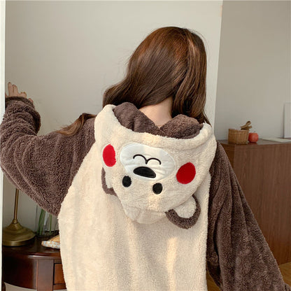 Flannel winter home wear girls' pajamas set thickened cartoon cute and cute pajamas warm skin-friendly coral velvet cute women's home wear set