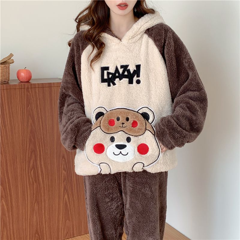 Flannel winter home wear girls' pajamas set thickened cartoon cute and cute pajamas warm skin-friendly coral velvet cute women's home wear set