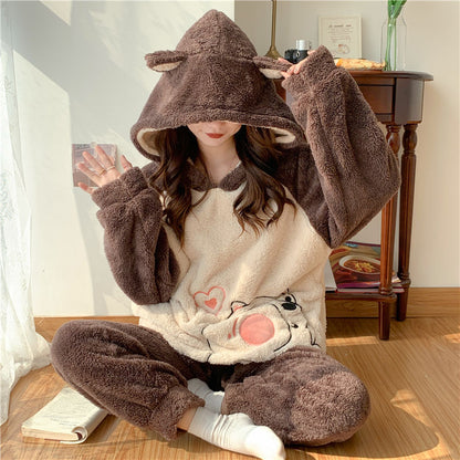 Flannel winter home wear girls' pajamas set thickened cartoon cute and cute pajamas warm skin-friendly coral velvet cute women's home wear set