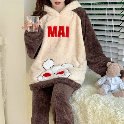 Flannel winter home wear girls' pajamas set thickened cartoon cute and cute pajamas warm skin-friendly coral velvet cute women's home wear set