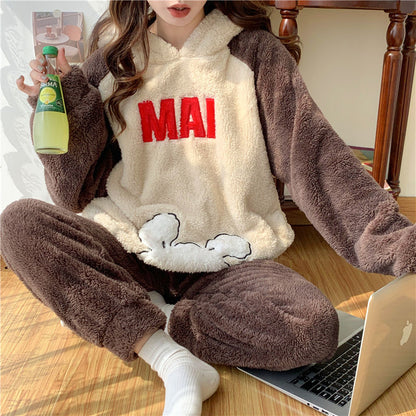 Flannel winter home wear girls' pajamas set thickened cartoon cute and cute pajamas warm skin-friendly coral velvet cute women's home wear set