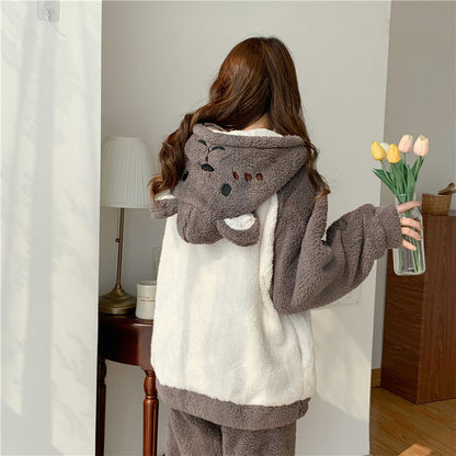 Flannel winter home wear girls' pajamas set thickened cartoon cute and cute pajamas warm skin-friendly coral velvet cute women's home wear set