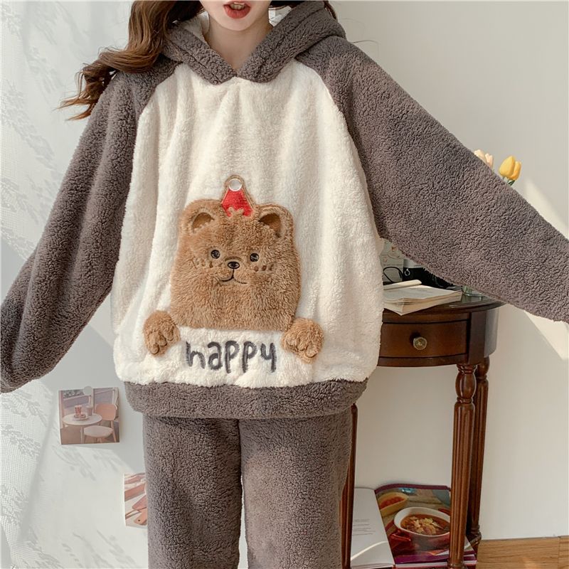 Flannel winter home wear girls' pajamas set thickened cartoon cute and cute pajamas warm skin-friendly coral velvet cute women's home wear set