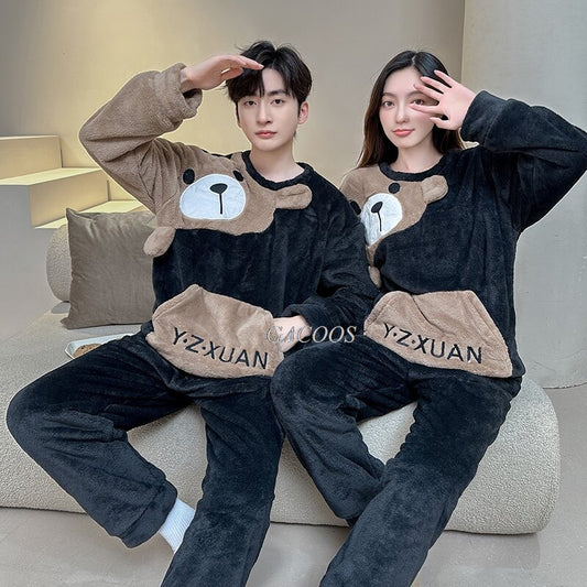 Autumn and winter essential couple pajamas set coral fleece soft and comfortable warm cartoon cute home clothes men and women cute winter flannel pajamas