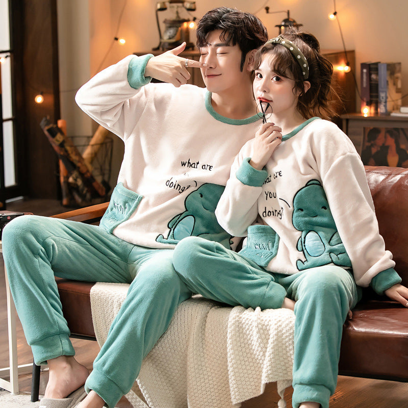 Autumn and winter essential couple pajamas set coral fleece soft and comfortable warm cartoon cute home clothes men and women cute winter flannel pajamas