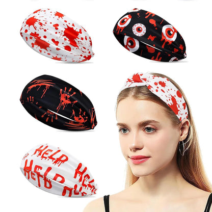 This is a 4 - pack of Halloween bloody - style hair ties and elastic wide headbands. They are fashionable hair accessories for women and girls, and are the best choices for party gifts and festival presents.