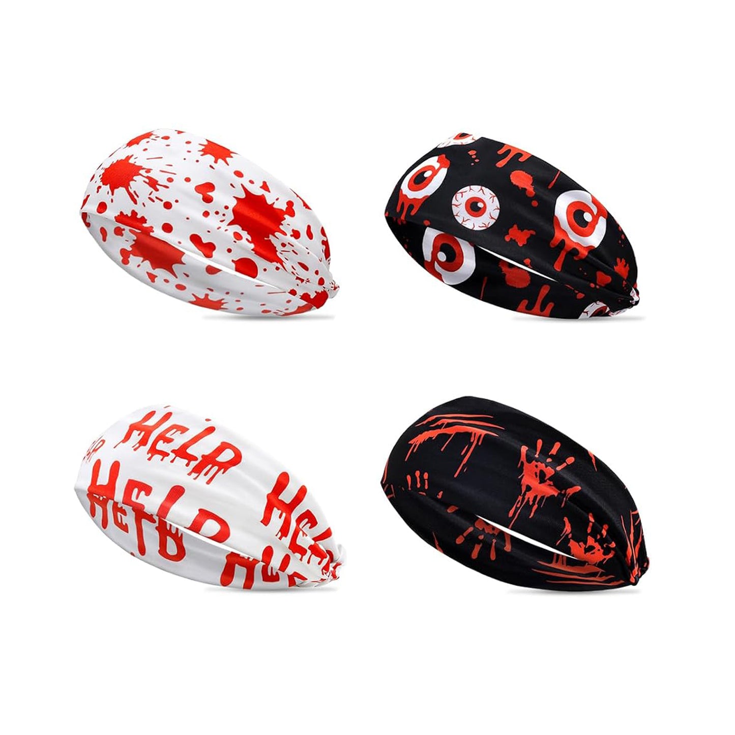 This is a 4 - pack of Halloween bloody - style hair ties and elastic wide headbands. They are fashionable hair accessories for women and girls, and are the best choices for party gifts and festival presents.