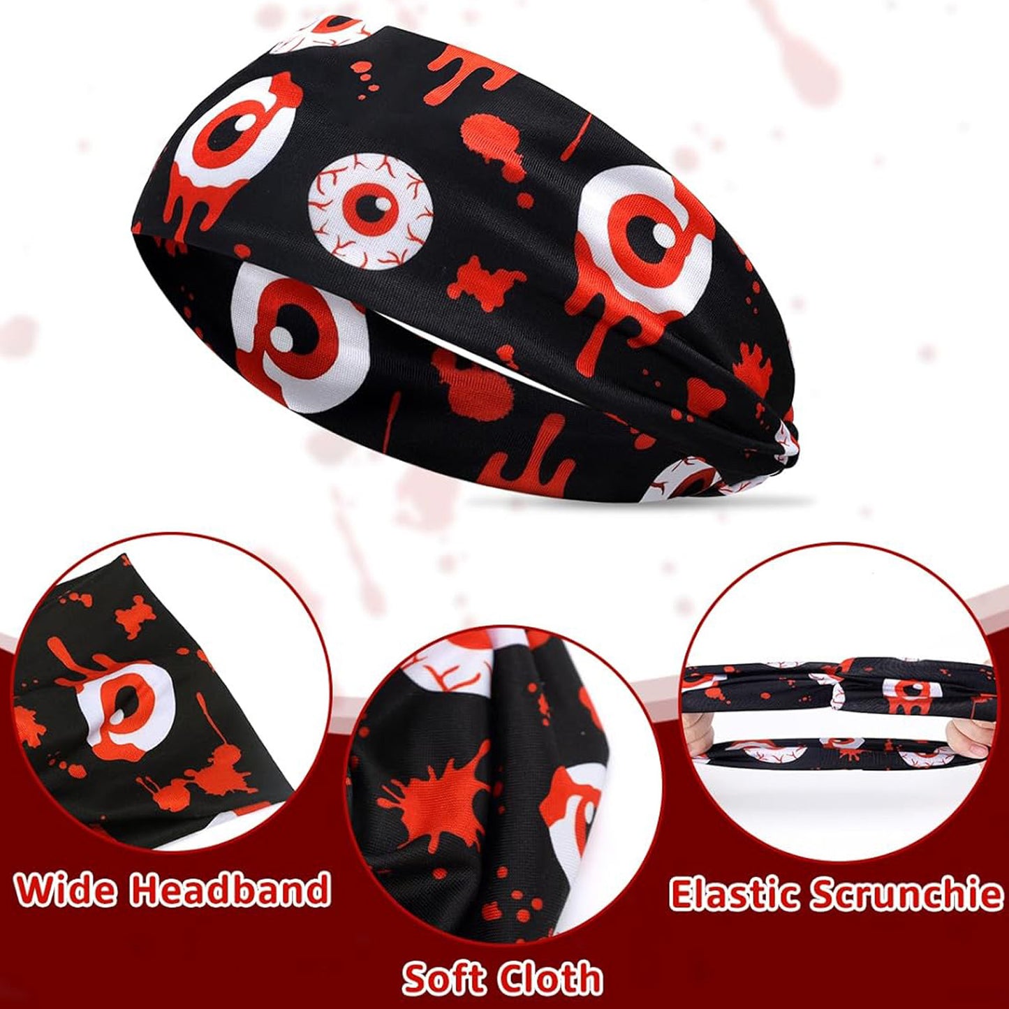 This is a 4 - pack of Halloween bloody - style hair ties and elastic wide headbands. They are fashionable hair accessories for women and girls, and are the best choices for party gifts and festival presents.