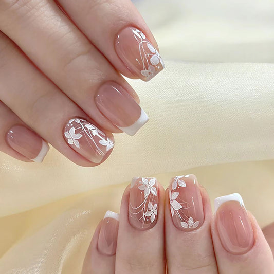 24-piece set of short false nails for spring and summer French style