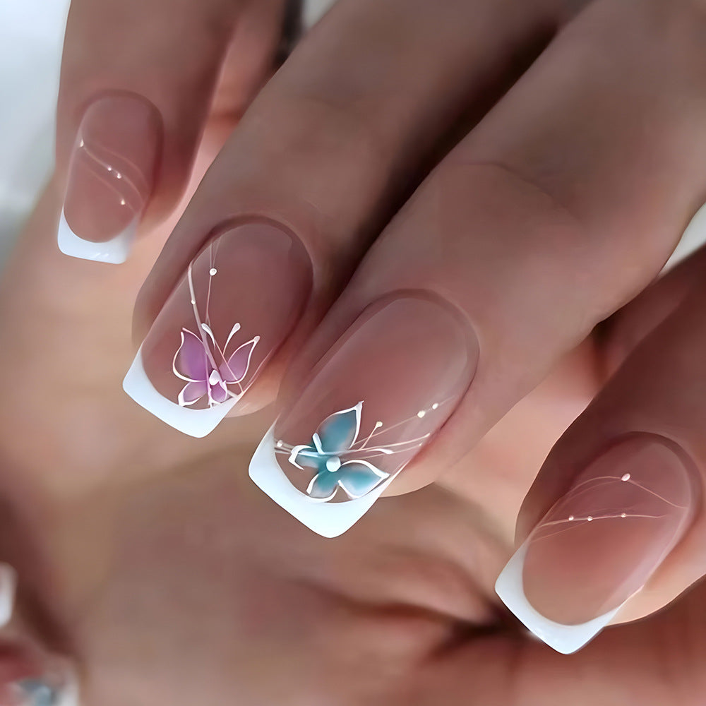 24-piece set of short false nails for spring and summer French style