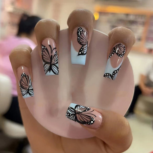 24pcs long ballerina shape French minimalist spice butterfly nails +1 nail glue +1 nail file