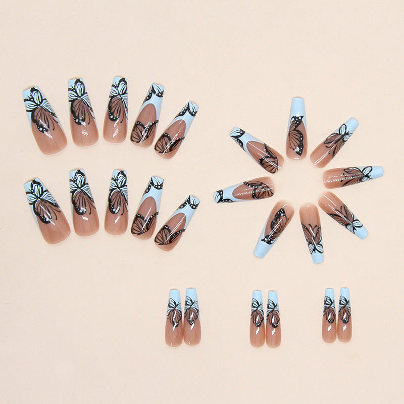 24pcs long ballerina shape French minimalist spice butterfly nails +1 nail glue +1 nail file
