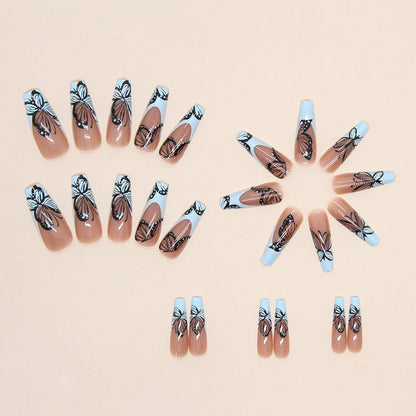 24pcs long ballerina shape French minimalist spice butterfly nails +1 nail glue +1 nail file