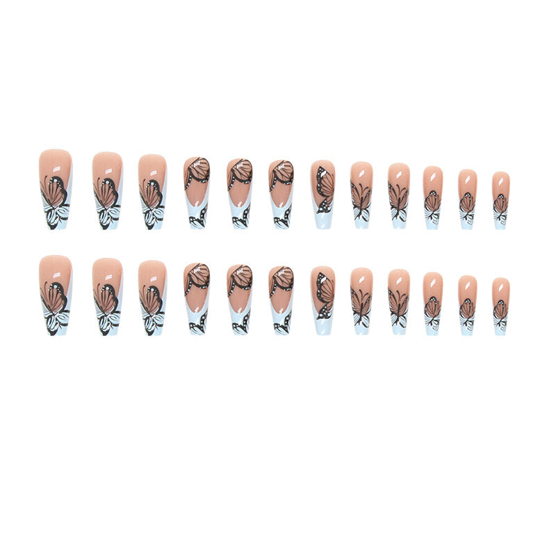 24pcs long ballerina shape French minimalist spice butterfly nails +1 nail glue +1 nail file