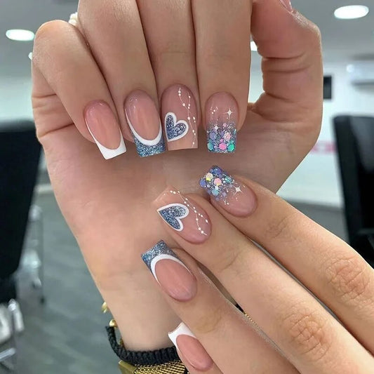 24pcs short french pop heart nails with 1 jelly gel and 1 nail file