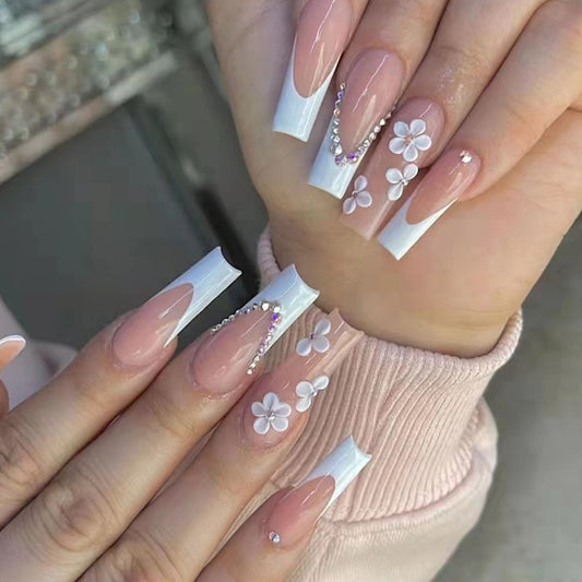 24pcs false nails with glue flower design long coffin french ballet false nails full coverage acrylic nail tips pressed nails