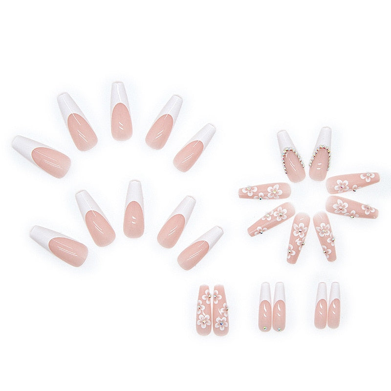 24pcs false nails with glue flower design long coffin french ballet false nails full coverage acrylic nail tips pressed nails