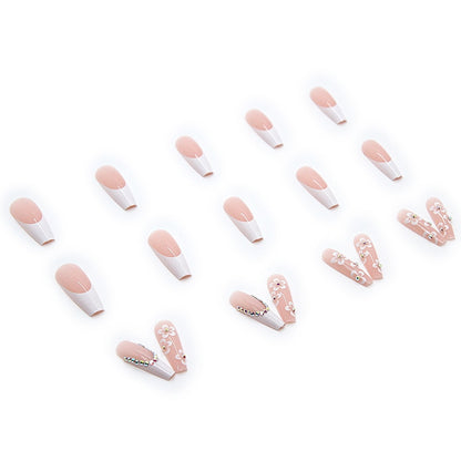 24pcs false nails with glue flower design long coffin french ballet false nails full coverage acrylic nail tips pressed nails