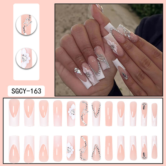 24pcs long nails with french pattern,flowers,butterfly dots,diamond glitter false nails,press on nails