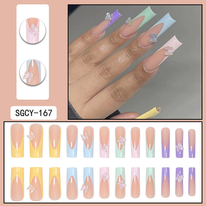 24pcs long nails with french pattern,flowers,butterfly dots,diamond glitter false nails,press on nails