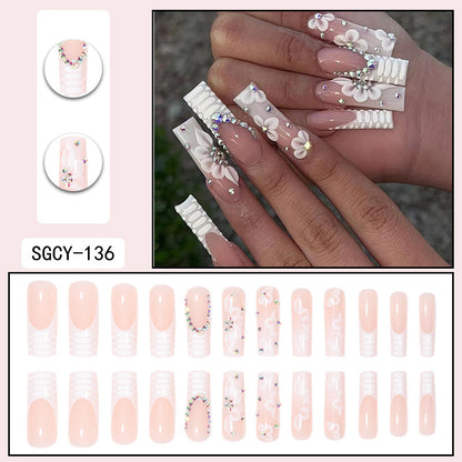 24pcs long nails with french pattern,flowers,butterfly dots,diamond glitter false nails,press on nails
