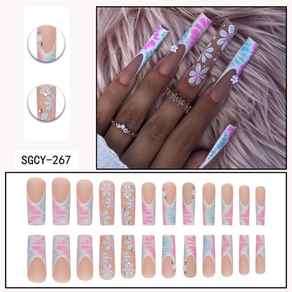 24pcs long nails with french pattern,flowers,butterfly dots,diamond glitter false nails,press on nails