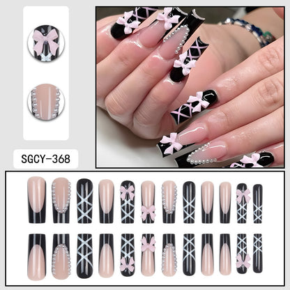 24pcs long nails with french pattern,flowers,butterfly dots,diamond glitter false nails,press on nails