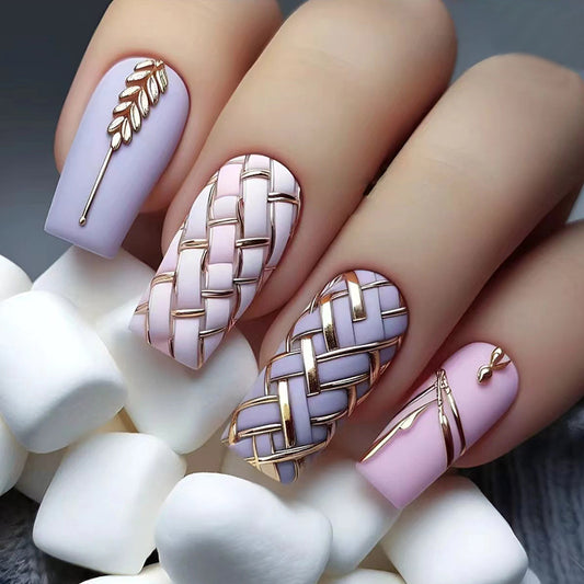 24pcs rectangular French simple long wheat checkered nails + 1 nail glue + 1 nail file